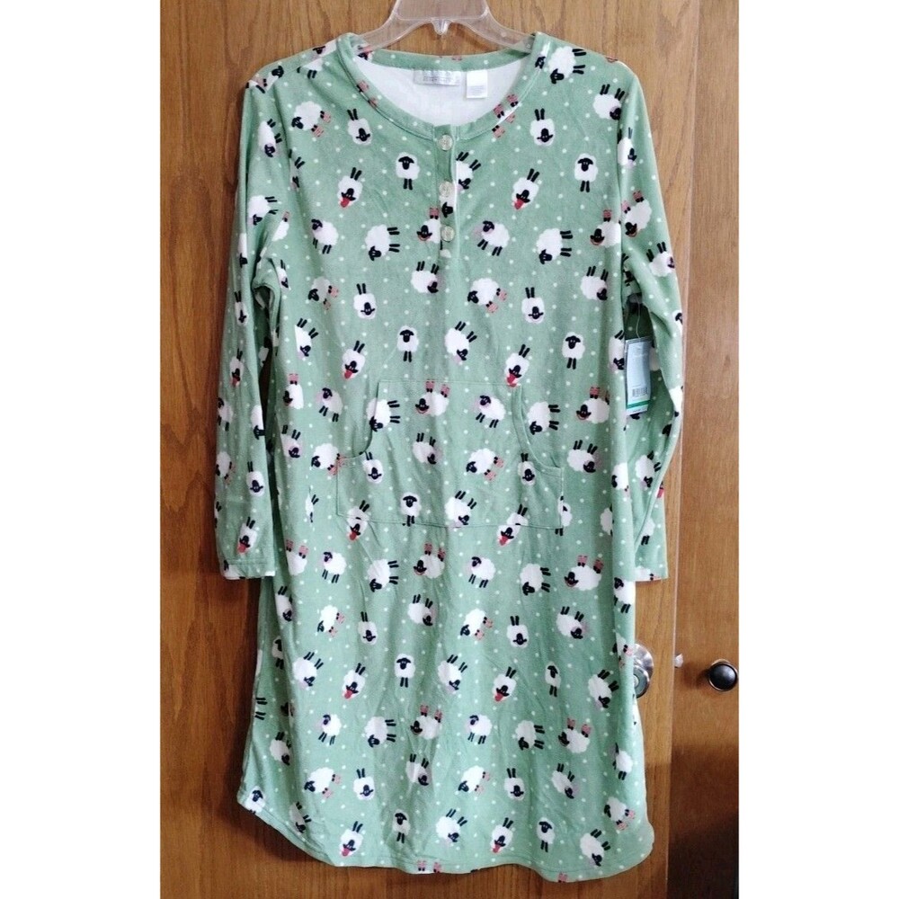 Intimate Essentials LARGE Sleep Dress Shirt Gown NWT Green Sheep Pocket